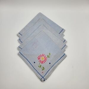 Vintage Blue Floral Cross-Stitch Cocktail Napkins - set of 4